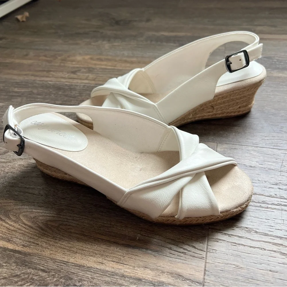 Easy Street Maureen White Faux Leather Open Toe Espadrille Wedge Sandal 8 Wide